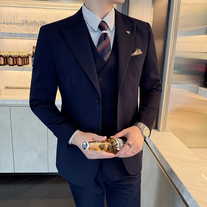 Slim-Fit Three-Piece Set Korean Style Two-Button Groomsmen Formal Wedding Business Suit Handsome Groom Best Man Dress High-